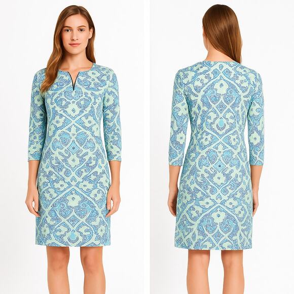 J.McLaughlin Dress Women XS Blue Green Paisley Long Sleeve Shift Knee Length - Picture 1 of 8